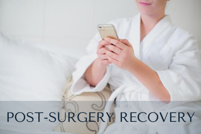Post-Surgery Recovery graphic of woman sitting comfortably in white robe. These recommendations for helpful products to support you through the initial phase after your breast surgery.